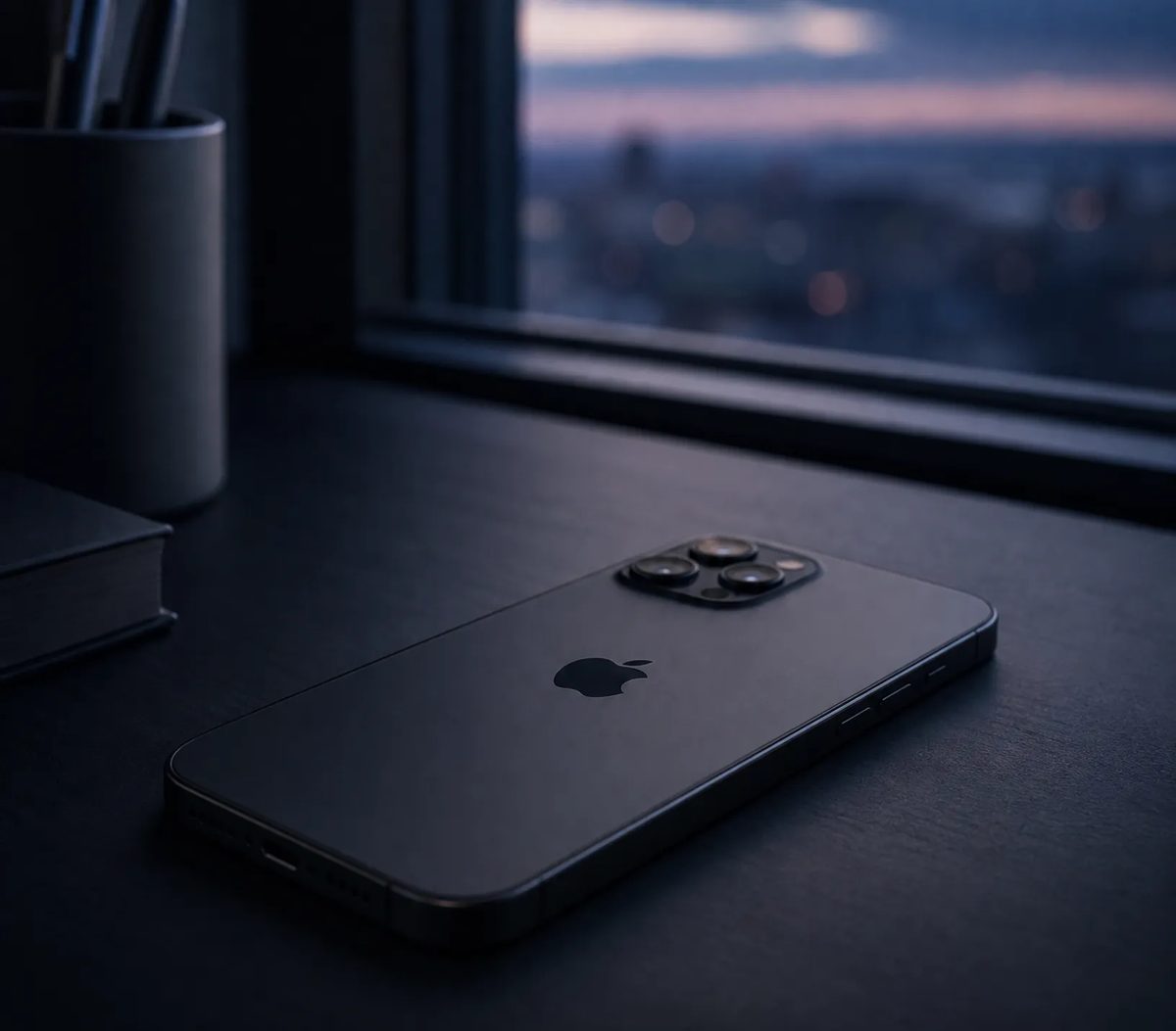 An iPhone lying face down on a dark desk beside a window at dusk