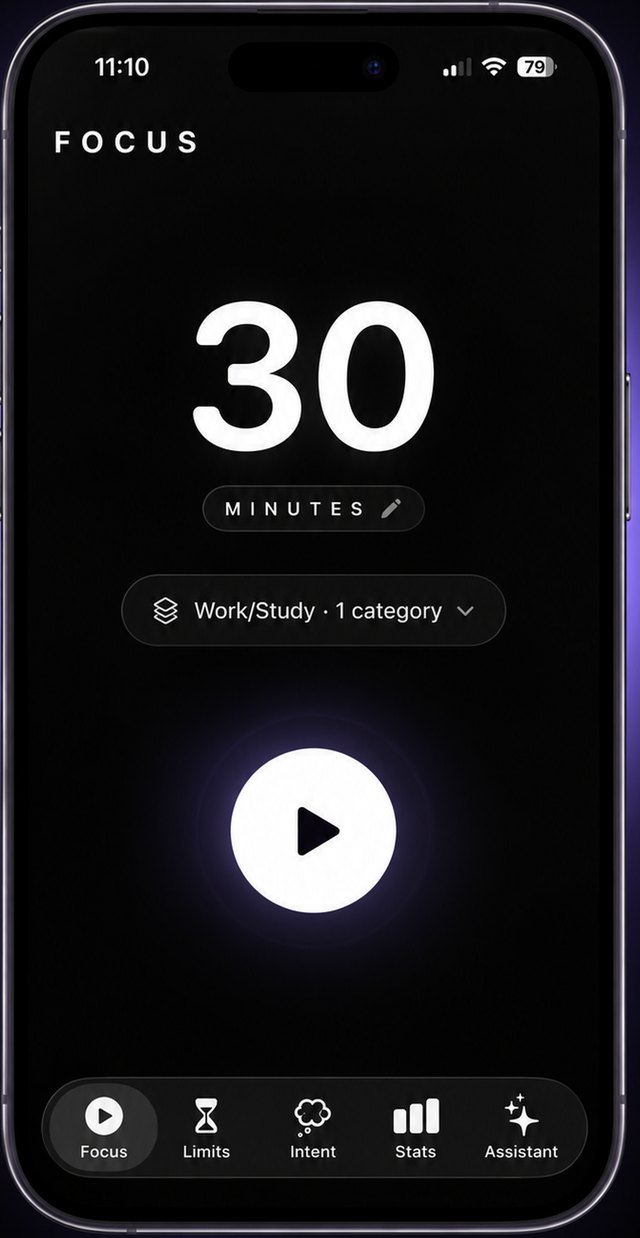 The Focus tab with a 30 minute session ready to start
