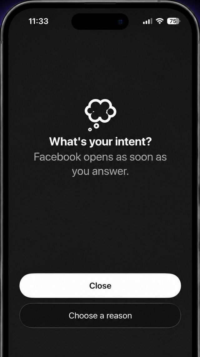 The Intent Check screen: What's your intent? Facebook opens as soon as you answer, with Close and Choose a reason buttons