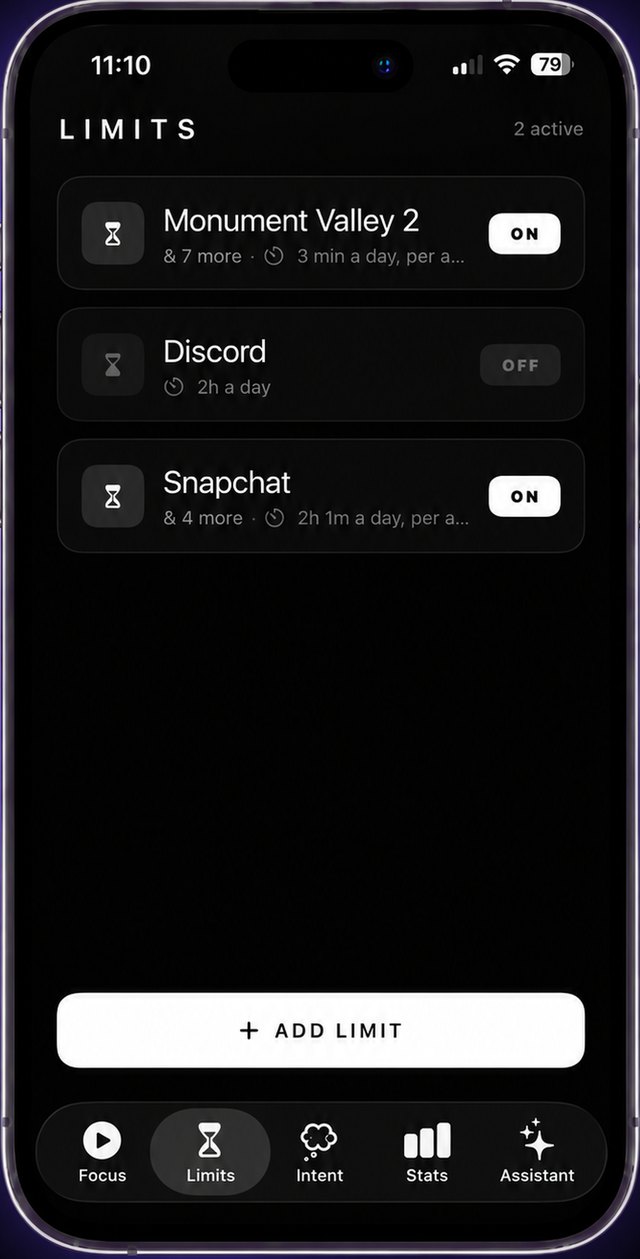 The Limits tab with three app limits, two on and one off